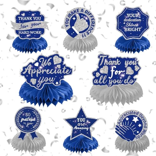 Blue Silver Thank You Honeycomb Centerpieces Set - 8Pcs We Appreciate You Table Decor with Inspiring Messages for Teacher, Nurse, Employee - Retirement, Graduation & Appreciation Party Supplies