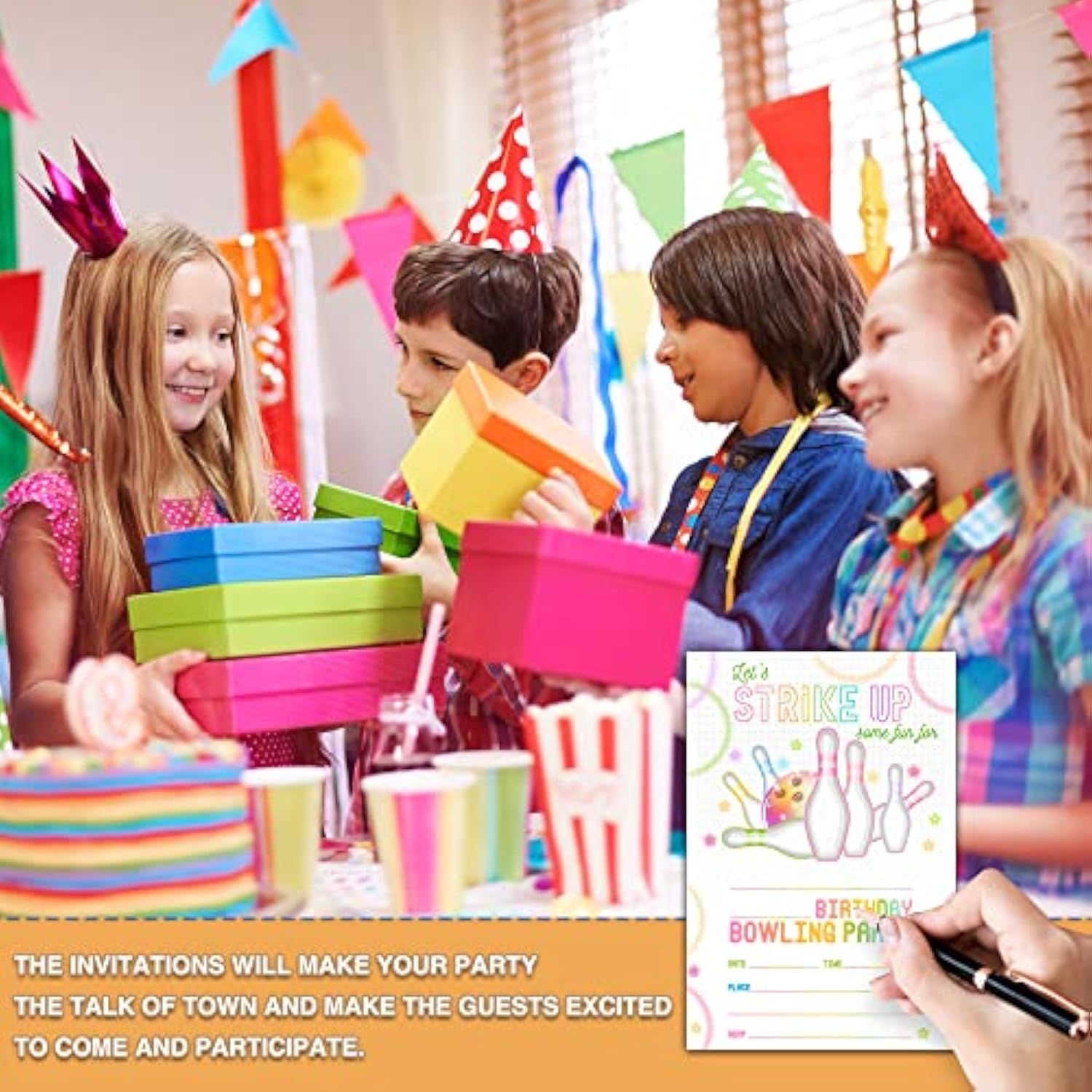 Bowling Birthday Party Invitations, Strike Up Birthday Invitation, Double-Sided Neon Glow Themed Fill In Invites, Kids Glow Bowling Birthday Party Decorations, 20 Cards With 20 Envelopes(C07)