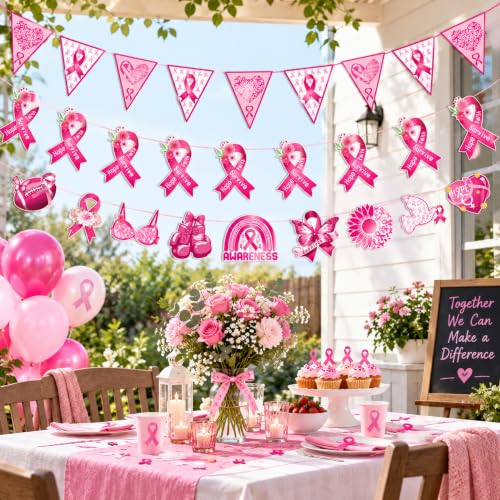 Breast Cancer Awareness Flag Banners 3 Sets Pink Ribbon Hanging Decor