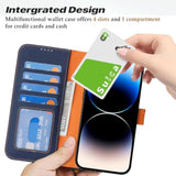 Genuine Leather Wallet Case for iPhone 14 Pro 6.1 Inch with 4 Card Slots, Blue and Orange Color Combination