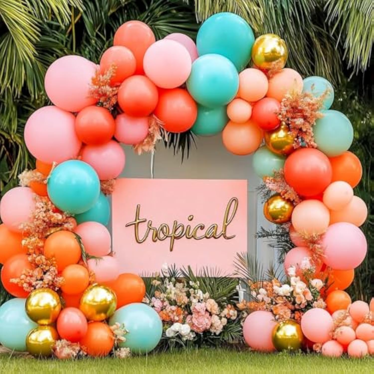 Pastel Balloons Garland Kit Coral Pink Teal Blue Balloons Double Stuffed Light Green Orange Gold Metallic Latex Arch For Tropical Hawaii Luau Birthday Baby Shower Wedding Party Decorations