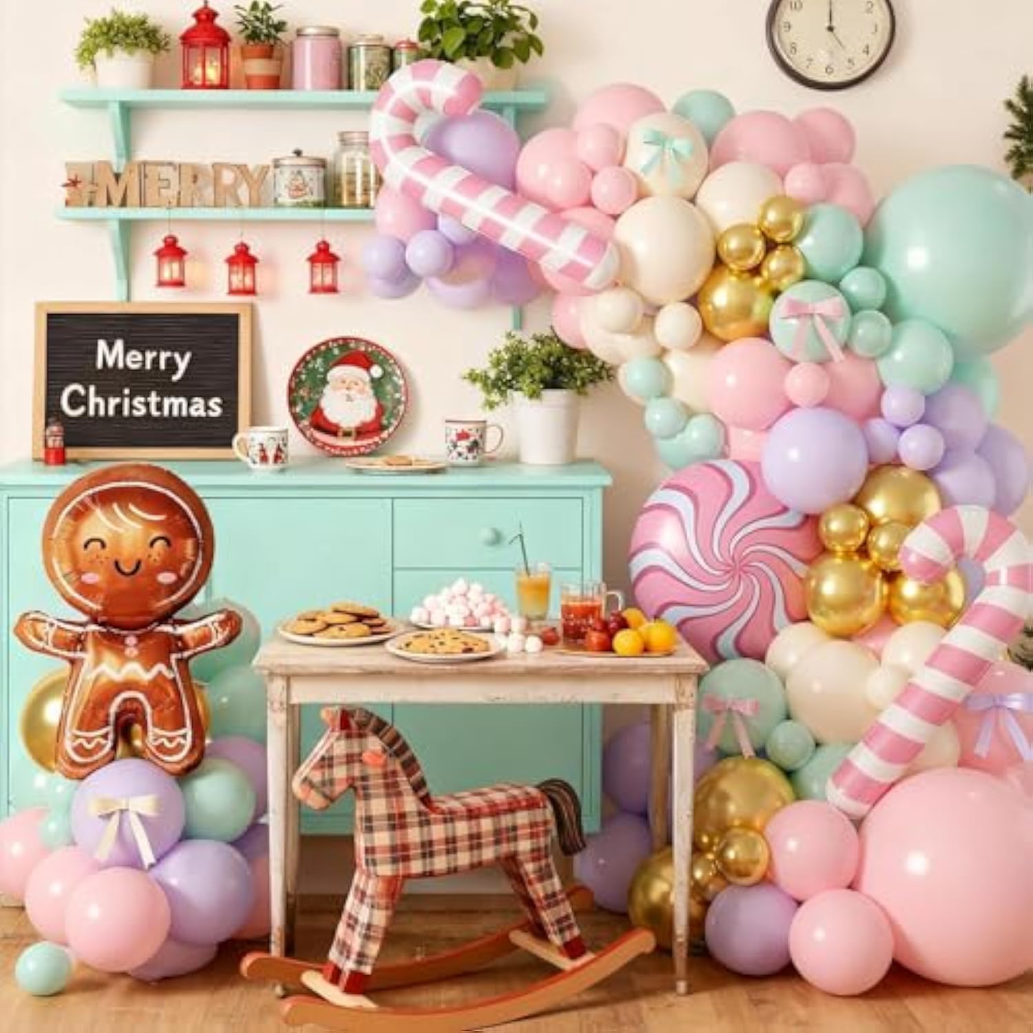 Christmas Balloon Garland Kit Gingerbread Arch with Pastel Metallic Balloons