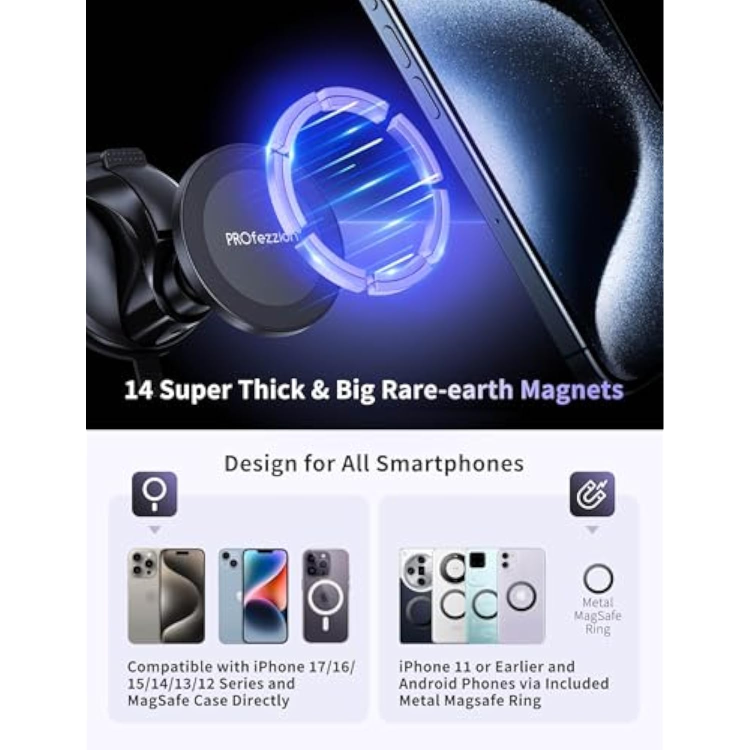 Multi-Surface Suction Mount, Detachable Phone Holder for MagSafe & All Phones