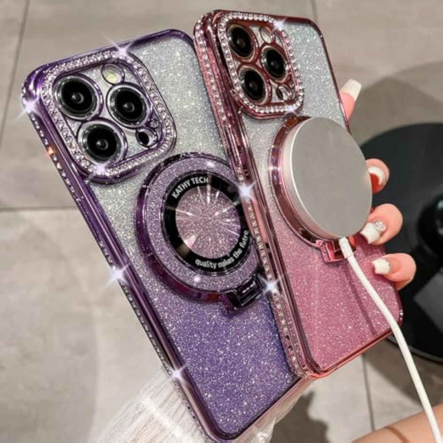iPhone 16 Magnetic Kickstand Case with Bling Glitter Diamond Rhinestone Ring Holder Camera Lens Protector for iPhone 16 6.1" (Pink)