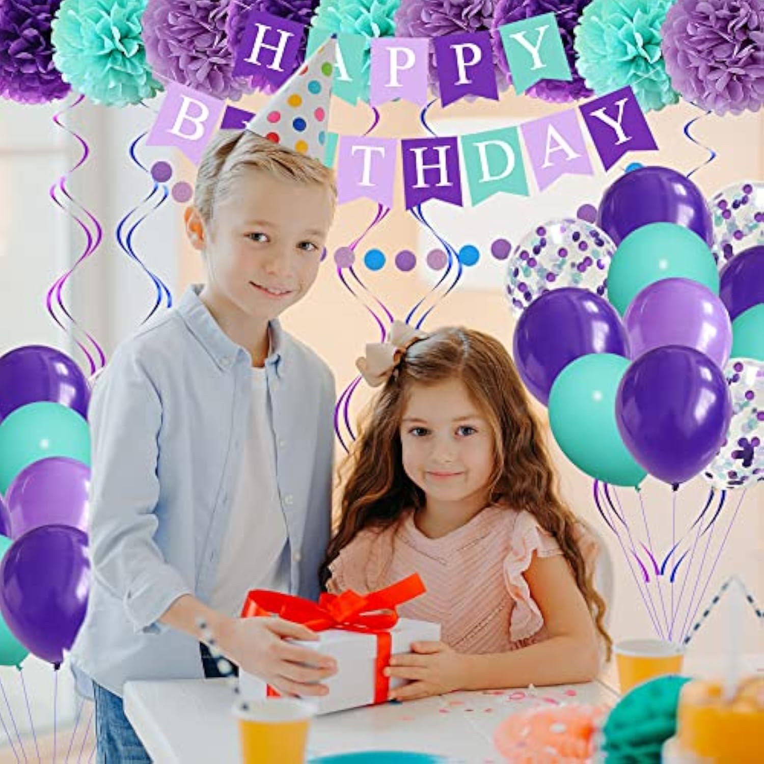Mermaid Birthday Party Decorations Banner with Purple Mint Confetti Balloons Garland Set