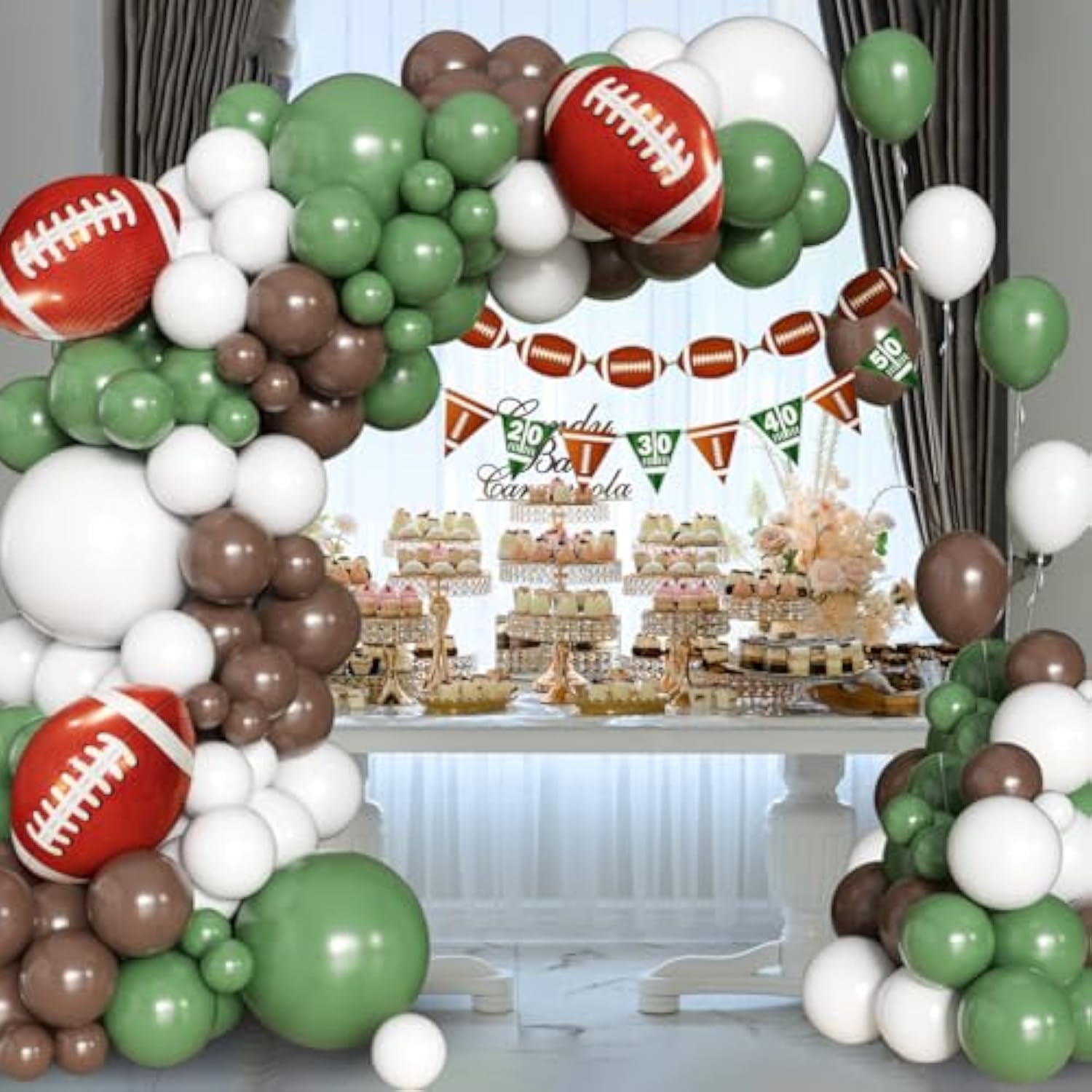 Football Balloon Arch Kit, Football Party Decorations Favors Banner, First Year Down Football Birthday Party Decorations, Superbowl Party Decorations 2025 With Sage Green And Coffee Brown Balloons