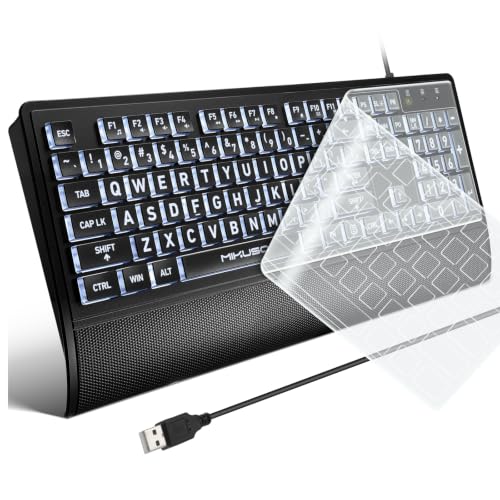 Large Print Backlit Keyboard - High Visibility Big Letter Keyboard For Seniors And Visually Impaired, Wired Usb With Light Up And Comfortable Wrist Rest, Full Size Keyboard For Pc,Laptop(No Glare)