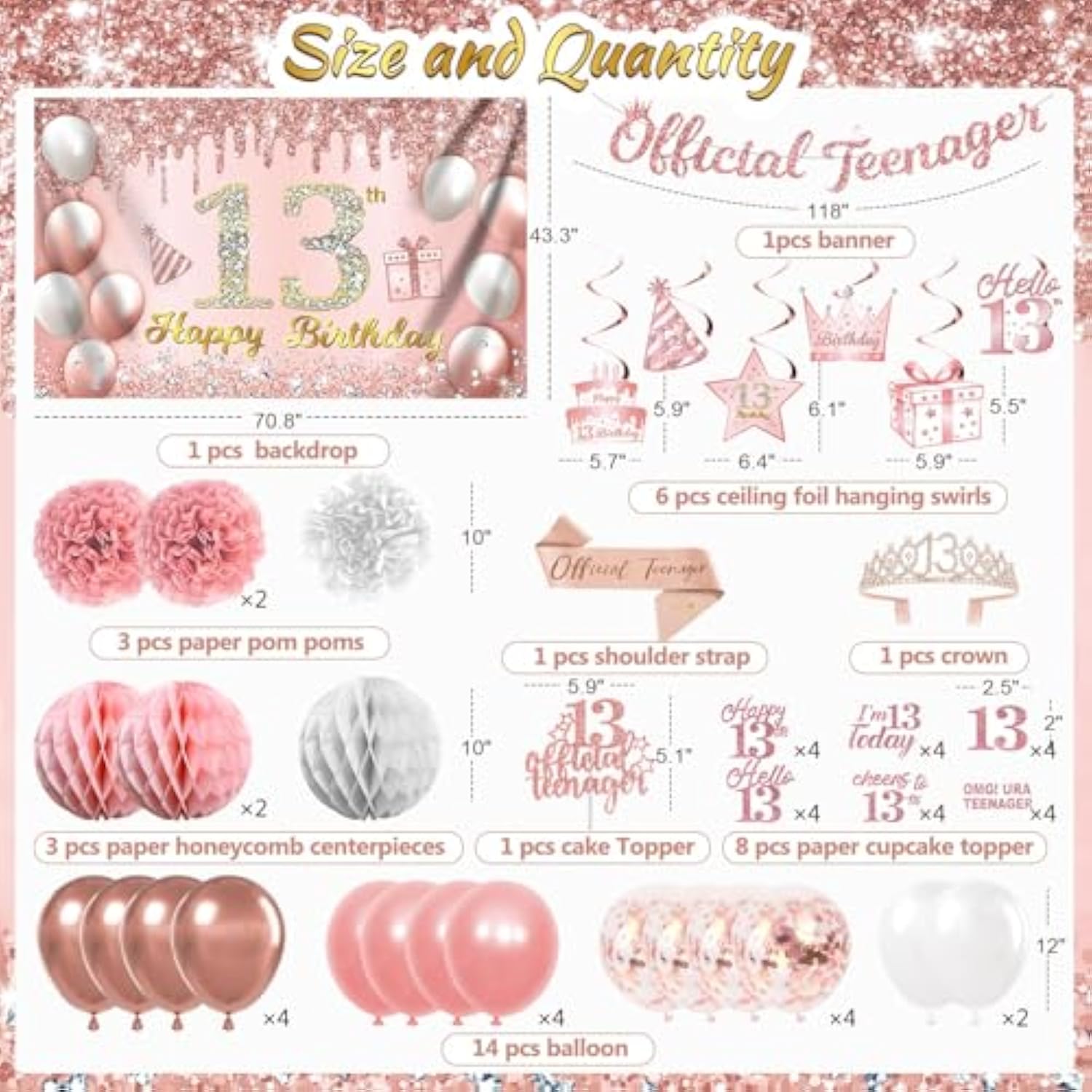 13Th Birthday Decorations For Girls, 13 Birthday Girl Decorations Include Official Teenager Decorations Banner, Backdrop, Hanging Swirls, Balloons, Paper Pompoms, Crown And Sash
