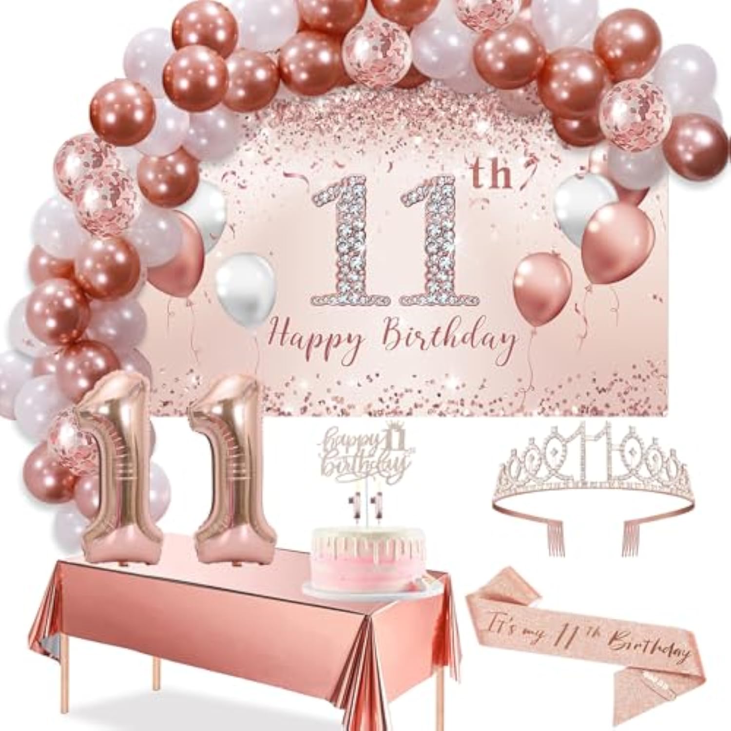 11Th Birthday Decorative Balloon Set Girls Arch, Rose Gold 11Th Birthday Banner And Party Tablecloth, Belt And Tiara, Pink Gold 11Th Balloon, Pink Birthday Cake Top, Latex Balloon * 60