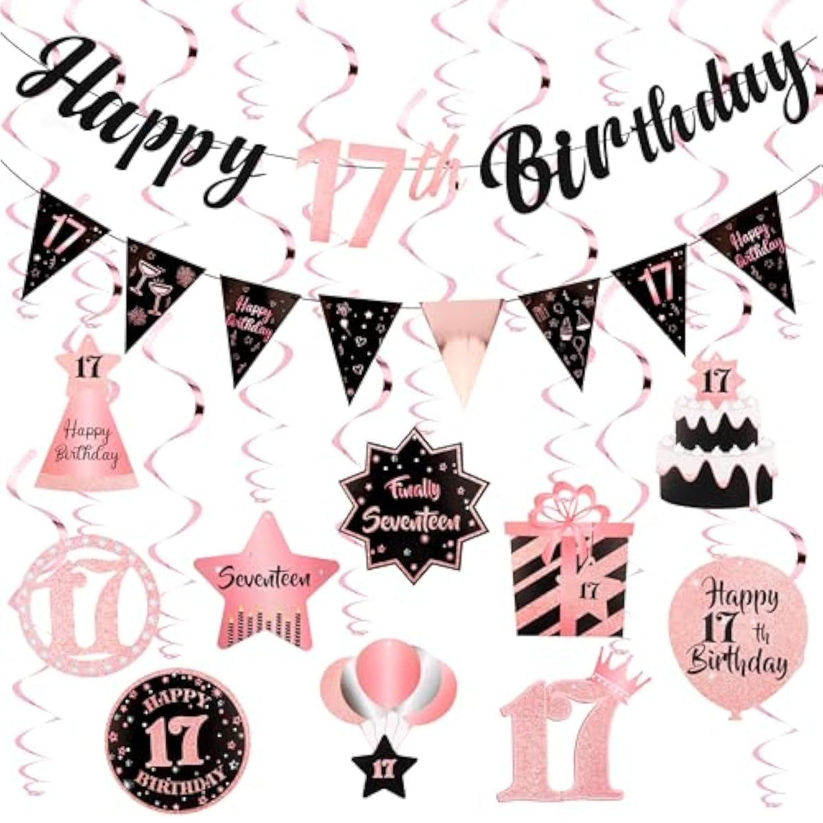 17Th Birthday Decorations For Girls Rose Gold Pink Pre Assembled Happy Birthday Banner And Hanging Swirls 17 Years Old Party Decorations Supplies 17Th Birthday Gifts For Girls
