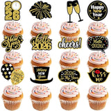 24pcs Happy New Year Cupcake Toppers Black Gold 12 Patterns for 2026 Party