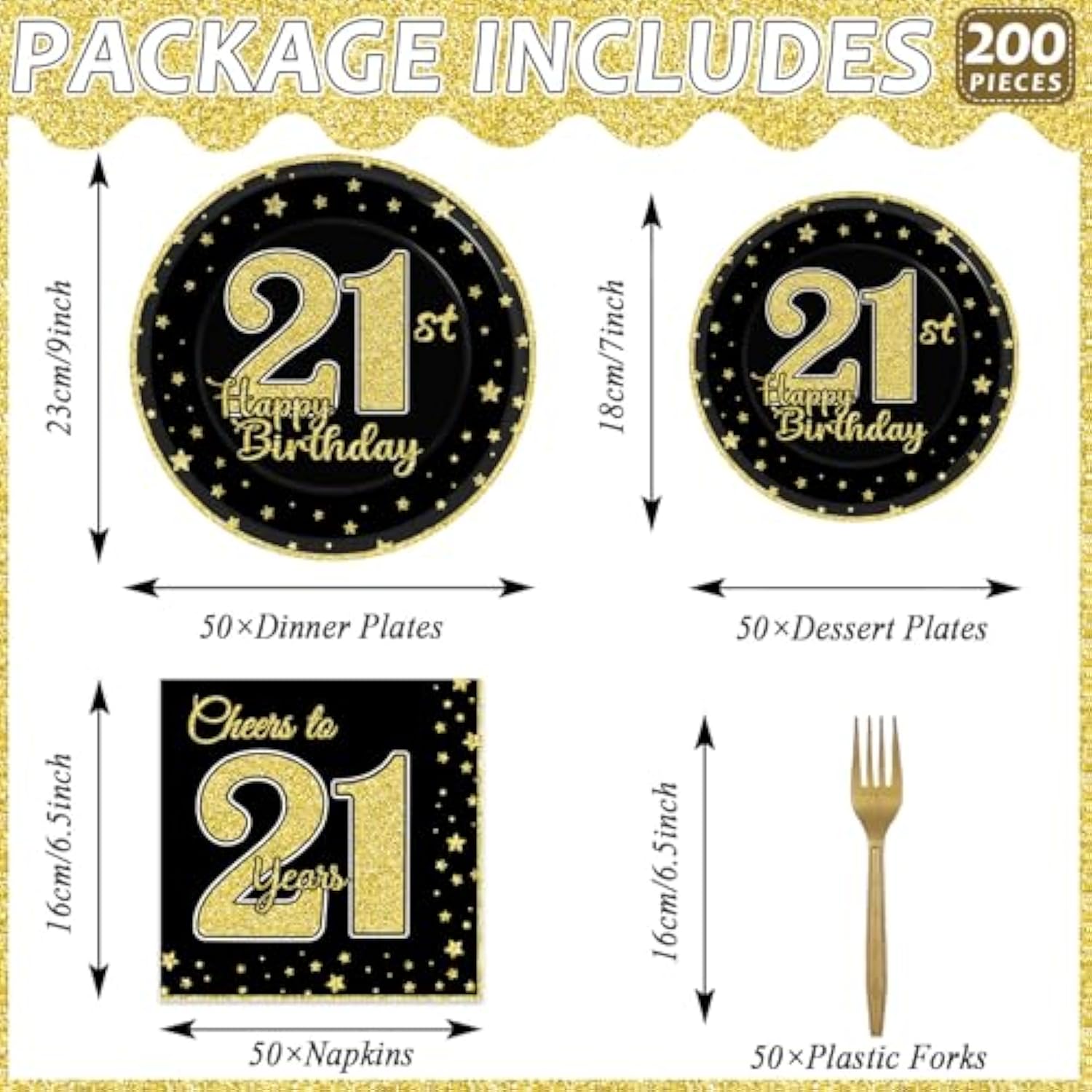 200 Pcs 21St Birthday Party Supplies Black Gold Paper Plates Cheers To 21 Years Paper Plates And Napkins Forks Disposable Black Gold Birthday Tableware Set For Kids 50 Guests Decorations Supplies