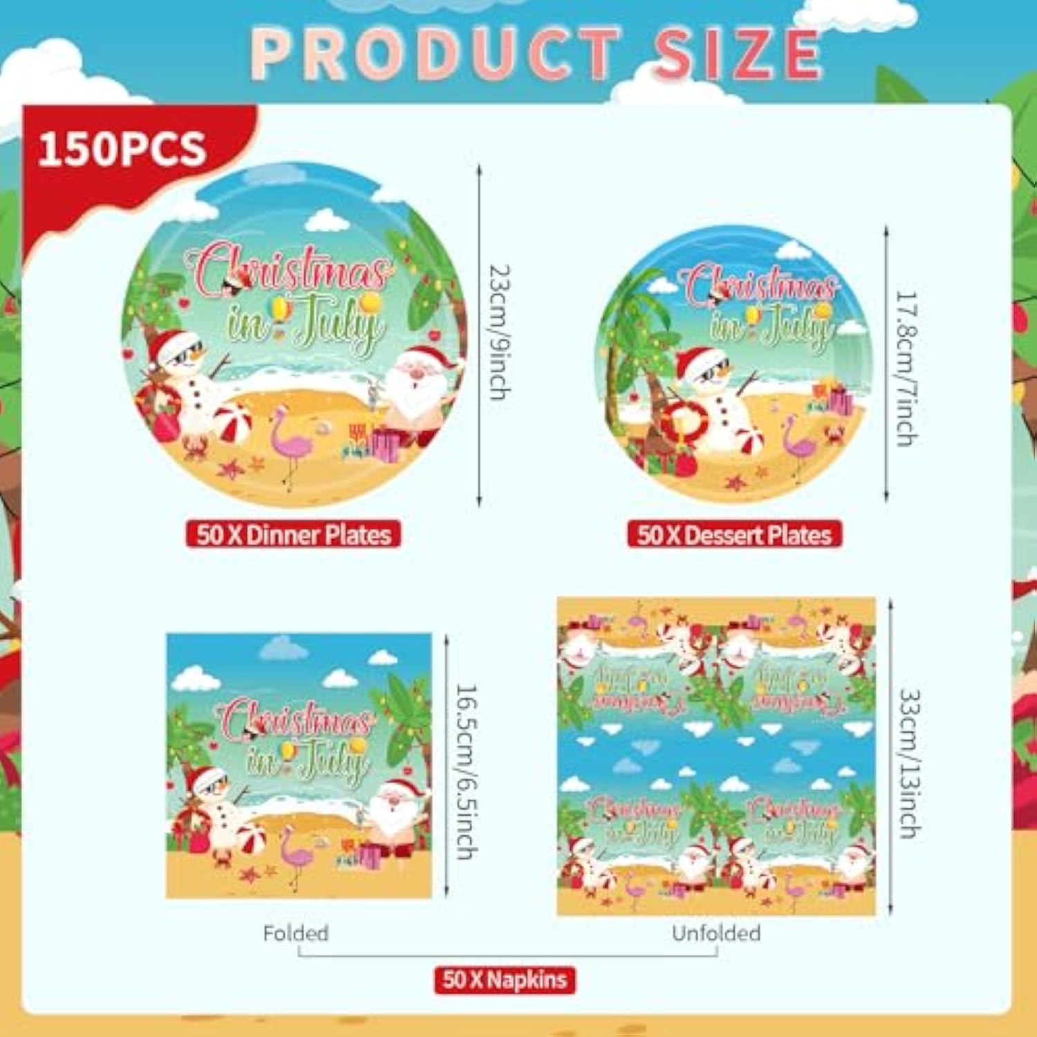 150Pcs Christmas In July Plates And Napkins - Merry Christmas Dinner Dessert Paper Plates Napkins Tableware Set For Hawaiian Beach Summer Xmas Decorations Party Supplies Tables Decor Favors,Serves 50