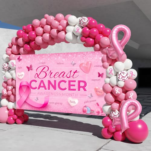 Breast Cancer Awareness Decorations,152PCS Breast Cancer Awareness Decorations Balloon Garland Arch Kit with Pink Ribbon Balloons and Large Backdrop Banner