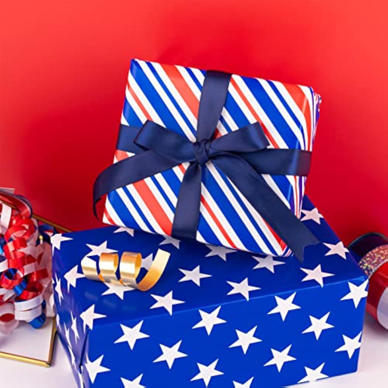 Reversible 4Th Of July Wrapping Paper - Mini Roll - 17 Inch X 33 Feet - Blue Red White Stripe And Star Design, Perfect For Memorial Day, Holiday, Party