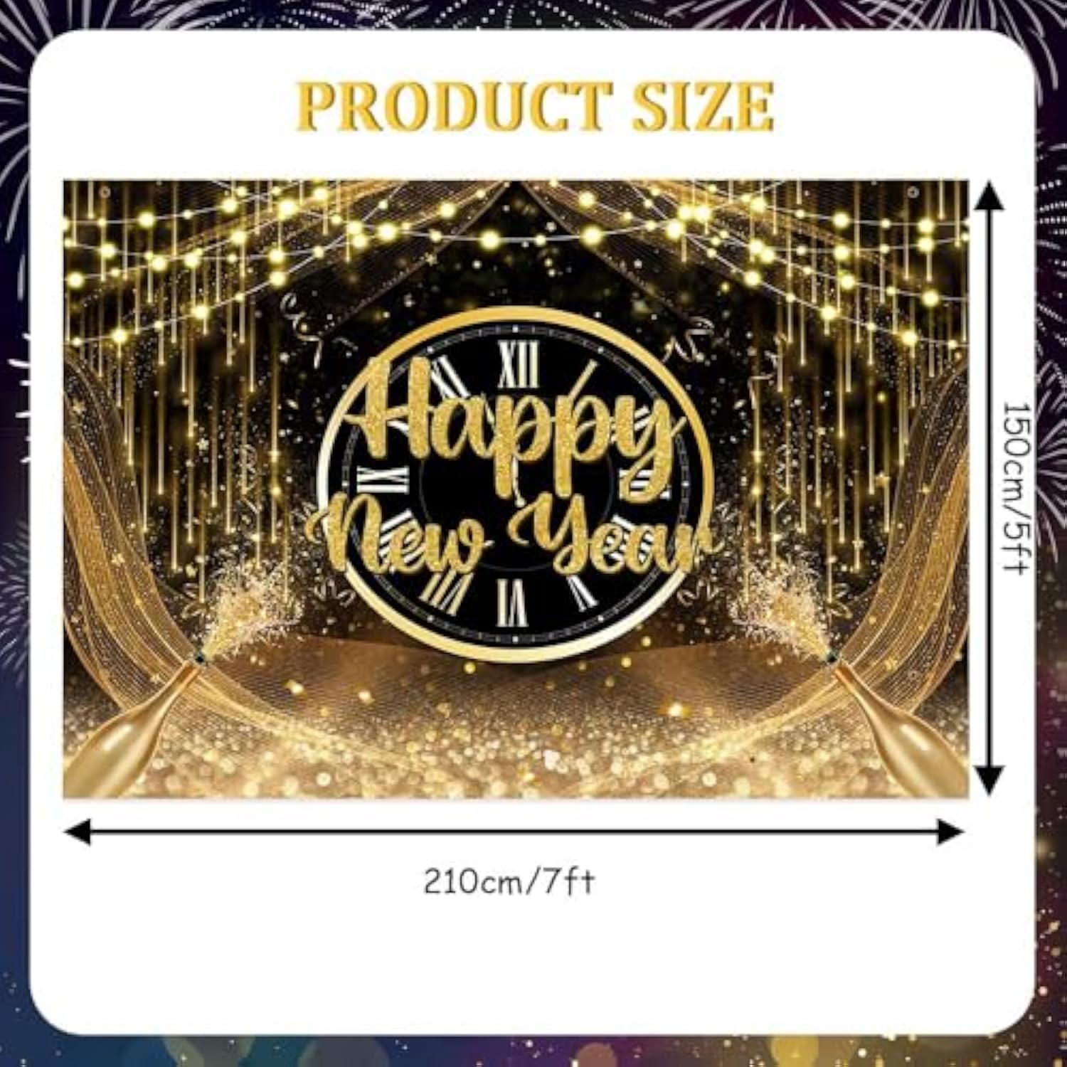 7x5ft Happy New Year 2026 Backdrop Black & Gold Glitter Party Banner