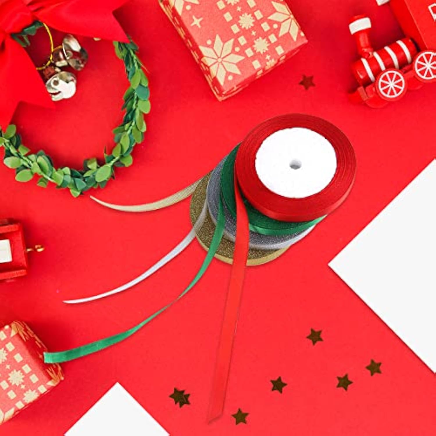 4 Rolls 100 Yards Christmas Ribbons 3/8" Wide, Metallic Glitter Organz