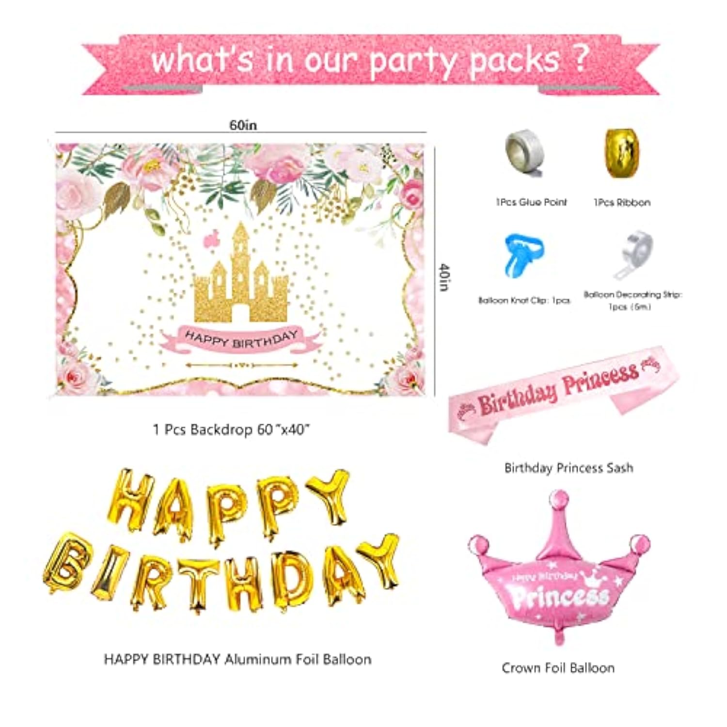 Princess Party Decorations - Princess Birthday Decorations Include Balloon Arch, Banner, Backdrop, Tablecloth, Tulle, Crown, Wand, Sash, Cake Topper, Girls Princess Birthday Party Supplies