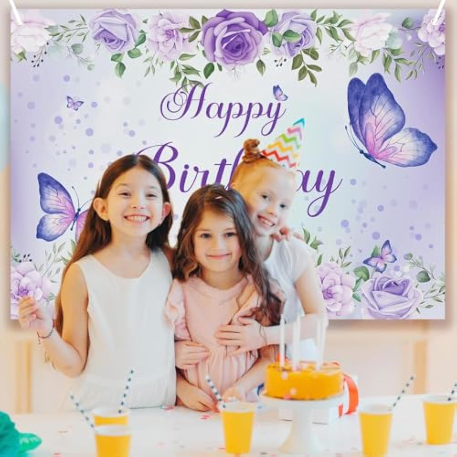 Purple Butterfly Birthday Banner 59x36 Inch for Girls and Women Party