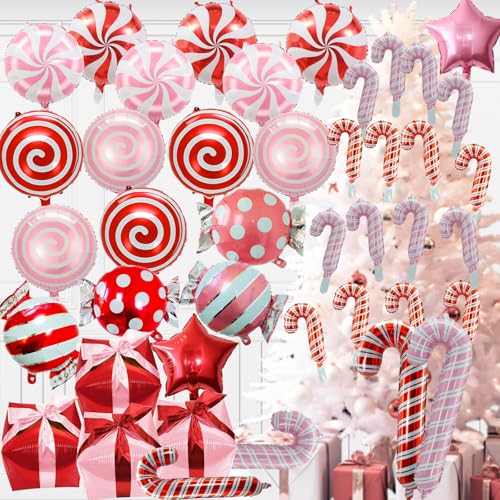 Christmas Candy Cane Balloons Decorations - 42 Pcs Candy Cane Foil Balloons with Tape, Mylar Sweet Round Christmas in July Balloon for Party Birthday Wedding, Red Pink Xmas Theme Party Decorations