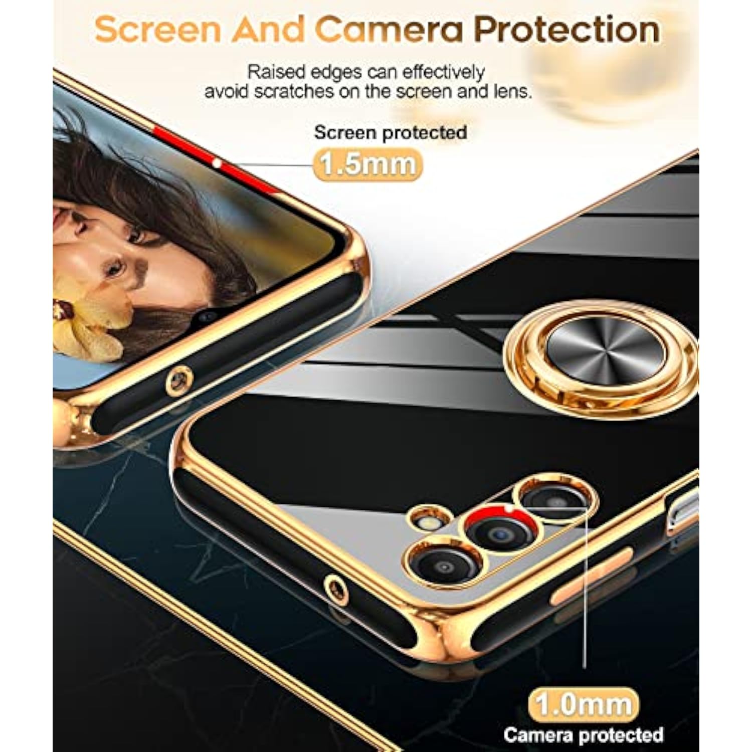 For Samsung Galaxy A14-5G Phone Case: 2 Pack Tempered Glass Screen Protector And 360° Rotatable Ring Magnetic Kickstand, Plating Rose Gold Edge Cell Android Basic Funda Para A 14 5G Cover, Black