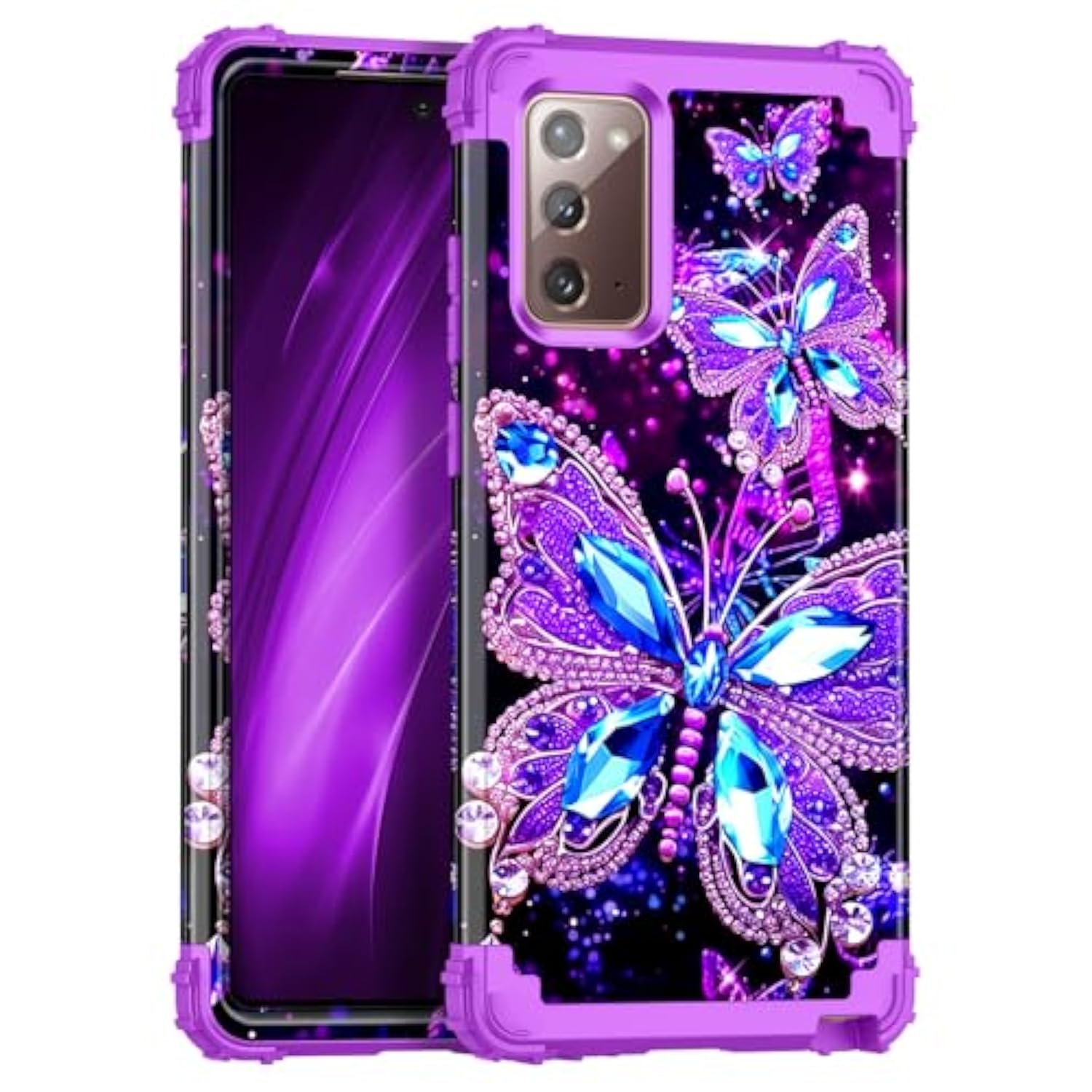 For Galaxy Note 20 Case,Glow In The Dark Three Layer Heavy Duty Shockproof Full Body Protection Hard Plastic Bumper+Soft Silicone Protective Case For Samsung Galaxy Note 20,Dark Butterfly