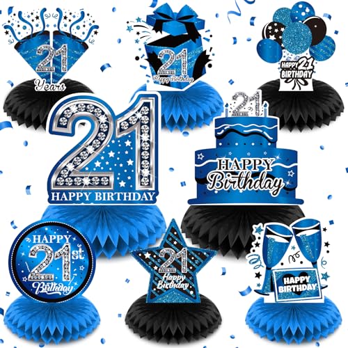 8Pcs Blue 21st Birthday Decorations Blue and Black Happy 21st Birthday Table Honeycomb Centerpieces for Table Decor 21st Birthday Table Topper for Men Women 21st Birthday Anniversary Party Supplies