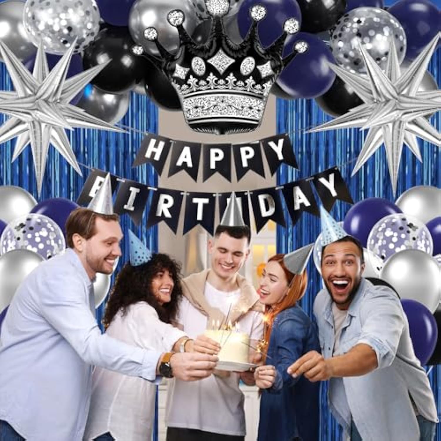 Metallic Silver & Navy Blue Balloons, Happy Birthday Banner & Blue Fringe Curtains For Men'S 21St, 25Th, 30Th, 40Th, 50Th & 60Th Birthdays