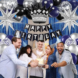 Metallic Silver & Navy Blue Balloons, Happy Birthday Banner & Blue Fringe Curtains For Men'S 21St, 25Th, 30Th, 40Th, 50Th & 60Th Birthdays
