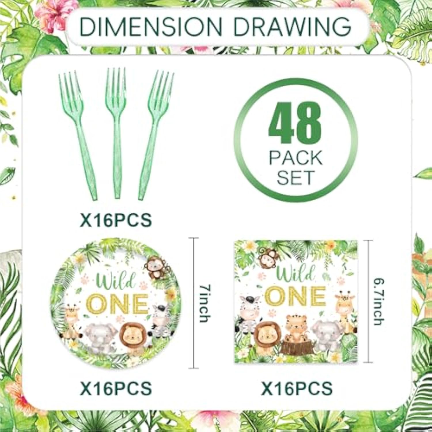 48pcs Wild One Safari Party Set Plates Napkins Forks for 16 Guests