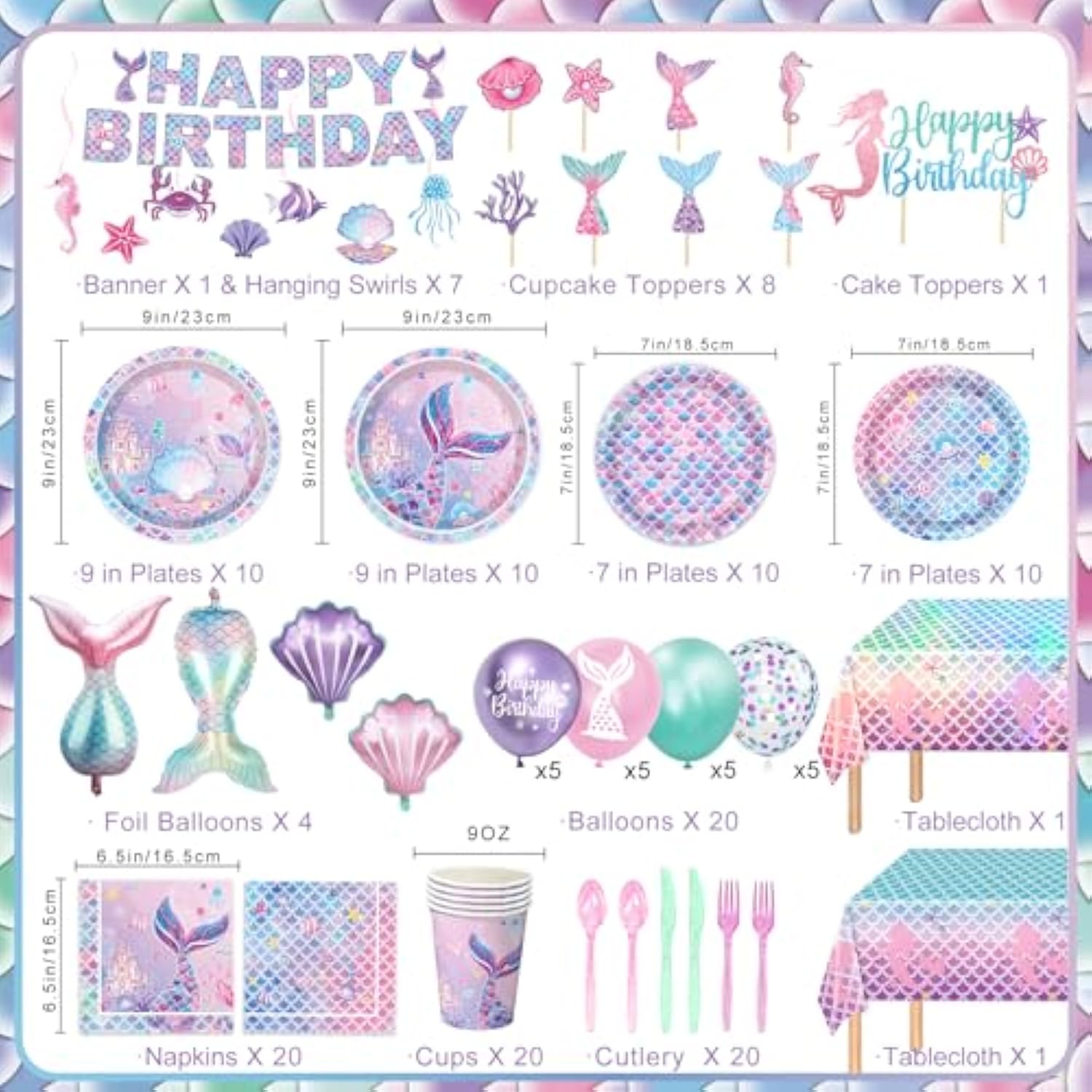 Mermaid Birthday Decorations Include Plates, Napkins, Cups, Cutlery, Hanging Swirls, Banner, Cake & Cupcake Toppers, Balloons, Tablecloth For Mermaid Party Decorations, Serve 20