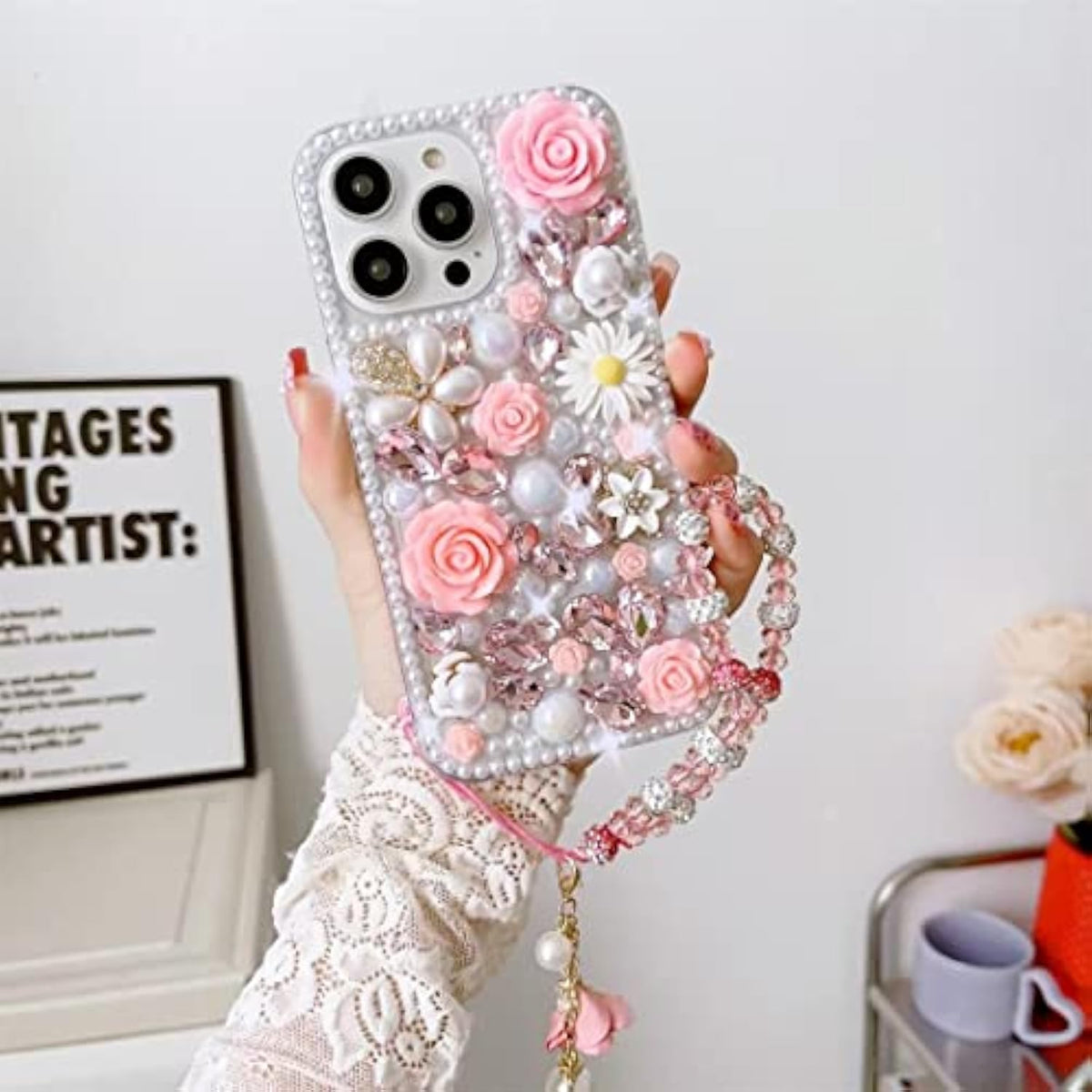 For Iphone 12/12 Pro Bling Case,Luxury Crystal Rhinestone Flowers Glitter Diamond Pearl Women Girls Kids Case Cover With Lanyard For Iphone 12/12 Pro 6.1 Inch