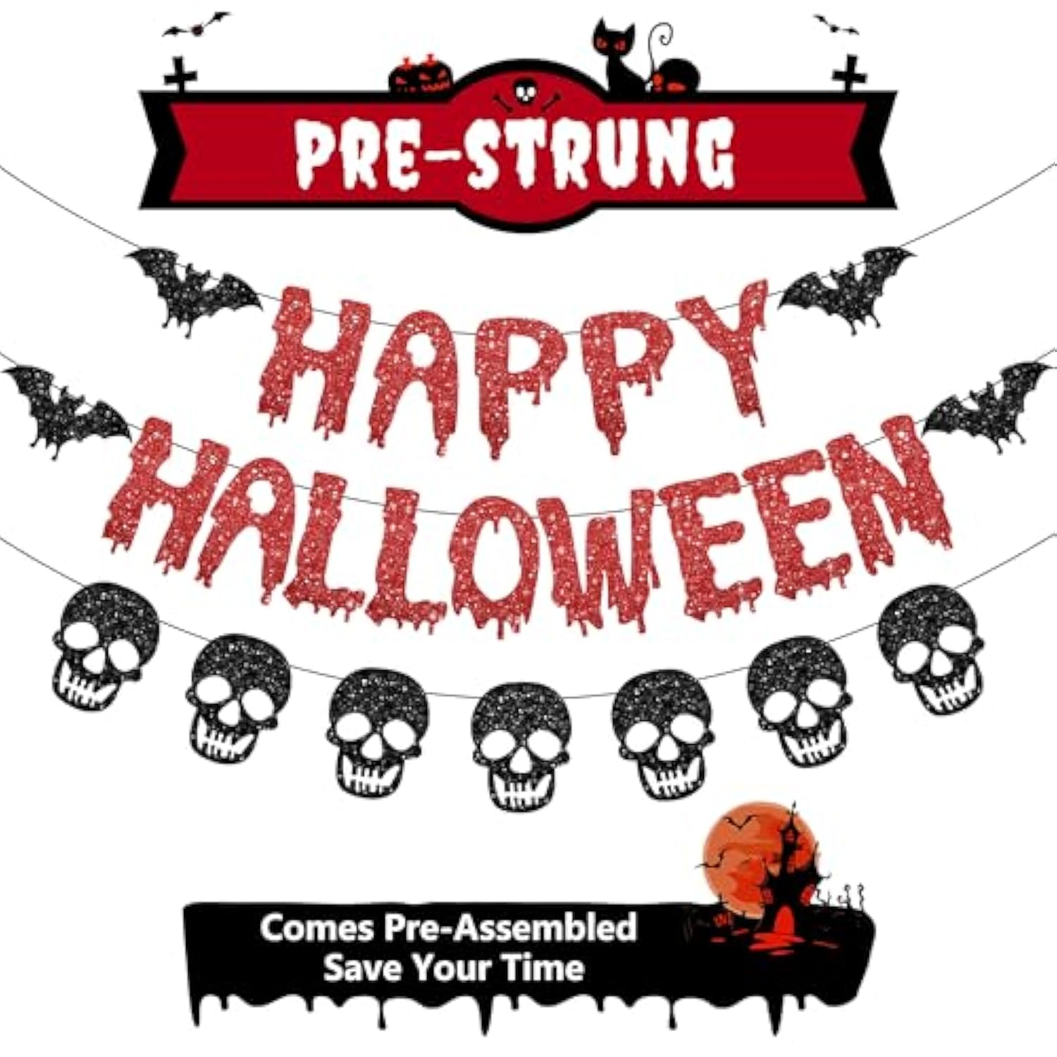 Pre Strung Halloween Party Decorations Banner Skull Garland Black Red Glitter