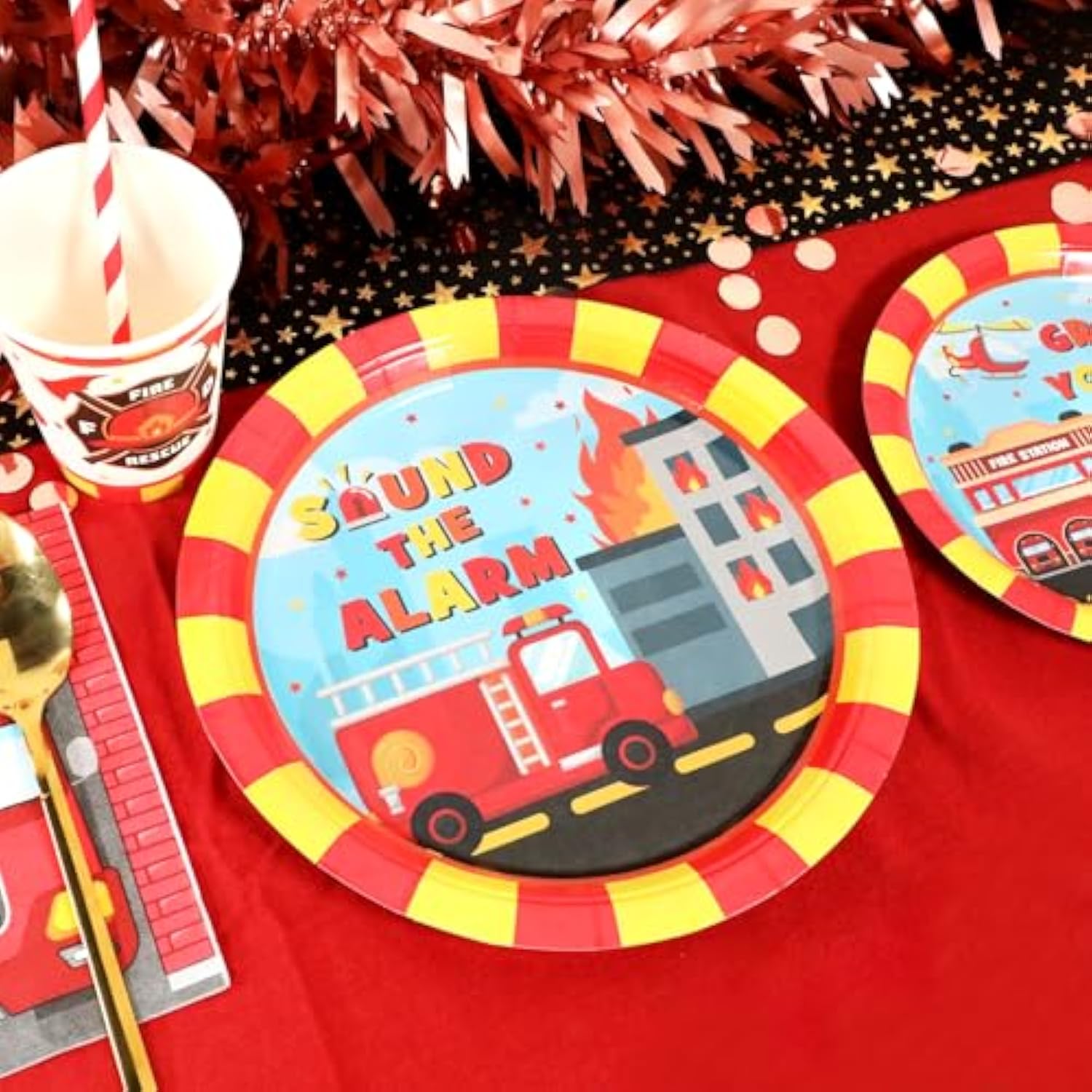 Firetruck Birthday Party Supplies Decorations, Fire Truck Theme Paper Plates And Napkins Set For 24 Guests, 120 Pcs Disposable Firefighter Party Dessert Dinnerwares