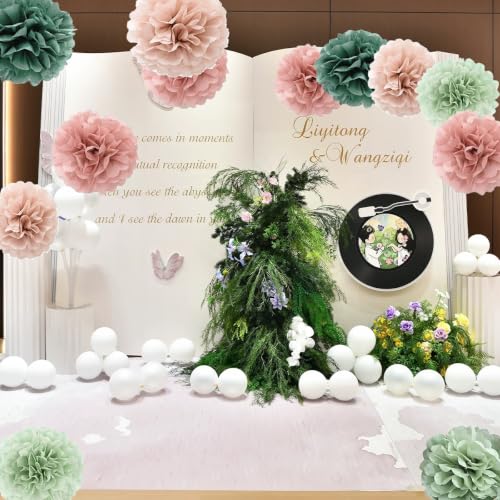 Tissue Paper Pom Poms Kit Paper Flowers 12pieces for Gender Baby Shower Wedding Bridal Bachelorette Birthday Party Decorations (Boho Green + Dusty Pink)