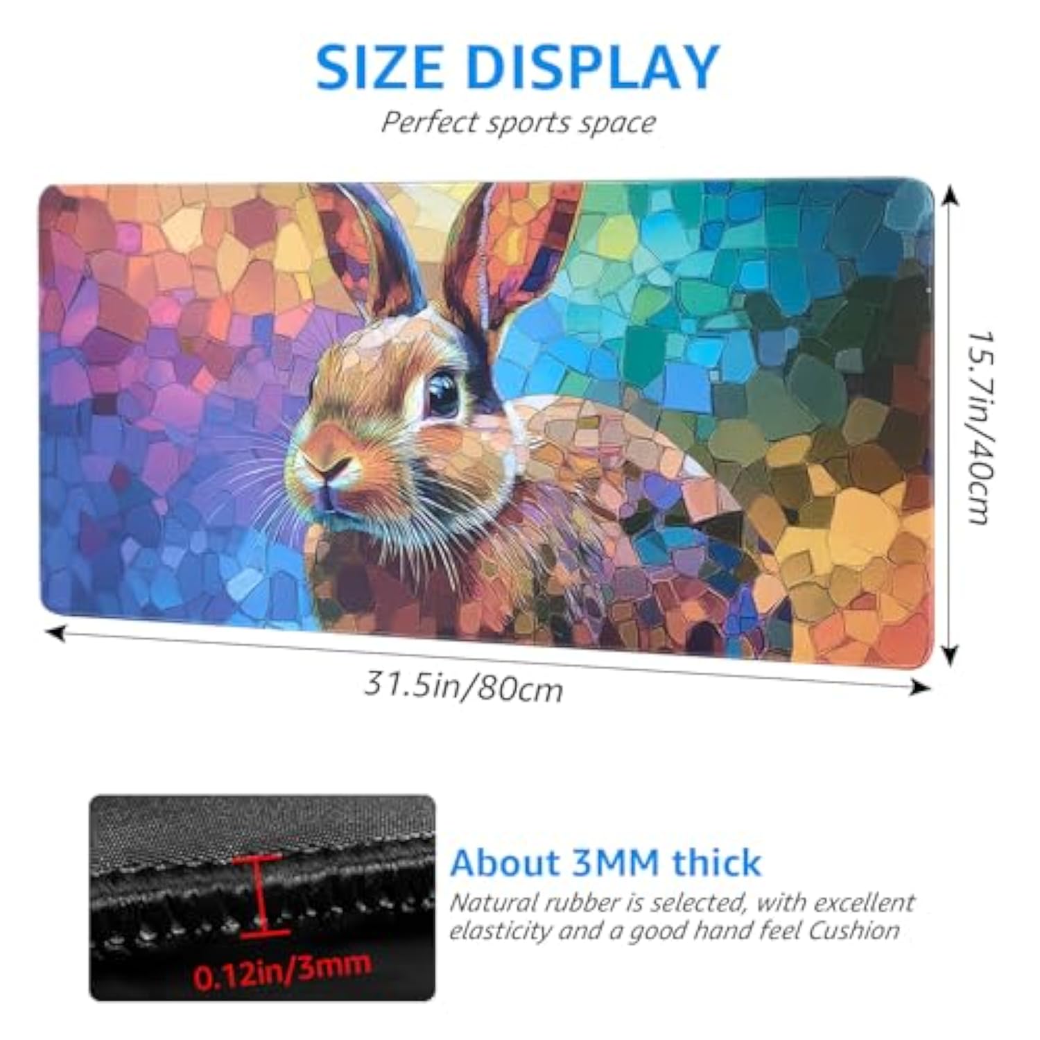 Large Colorful Rabbit Mouse Pad, Artistic Mosaic Design, Extended Gaming Desk Mat, 31.5 X 15.7 Inches, Non-Slip Base