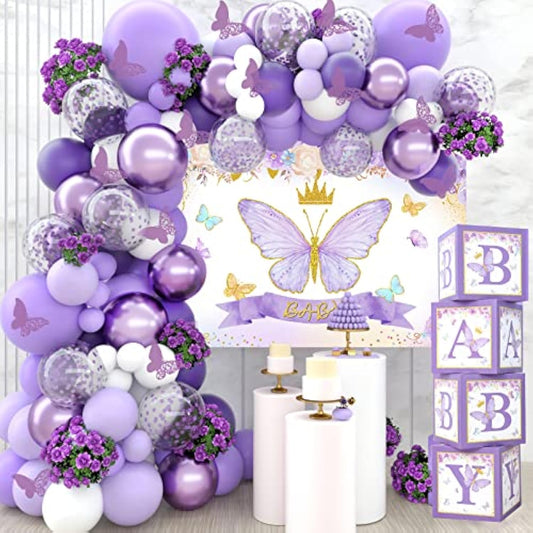 Purple Butterfly Baby Shower Decorations For Girl?Purple Balloon Garland Arch Kit?Purple Butterfly Baby Boxes And Butterfly Backdrop Kit For Baby Shower Butterfly Birthday Lavender Party Decorations