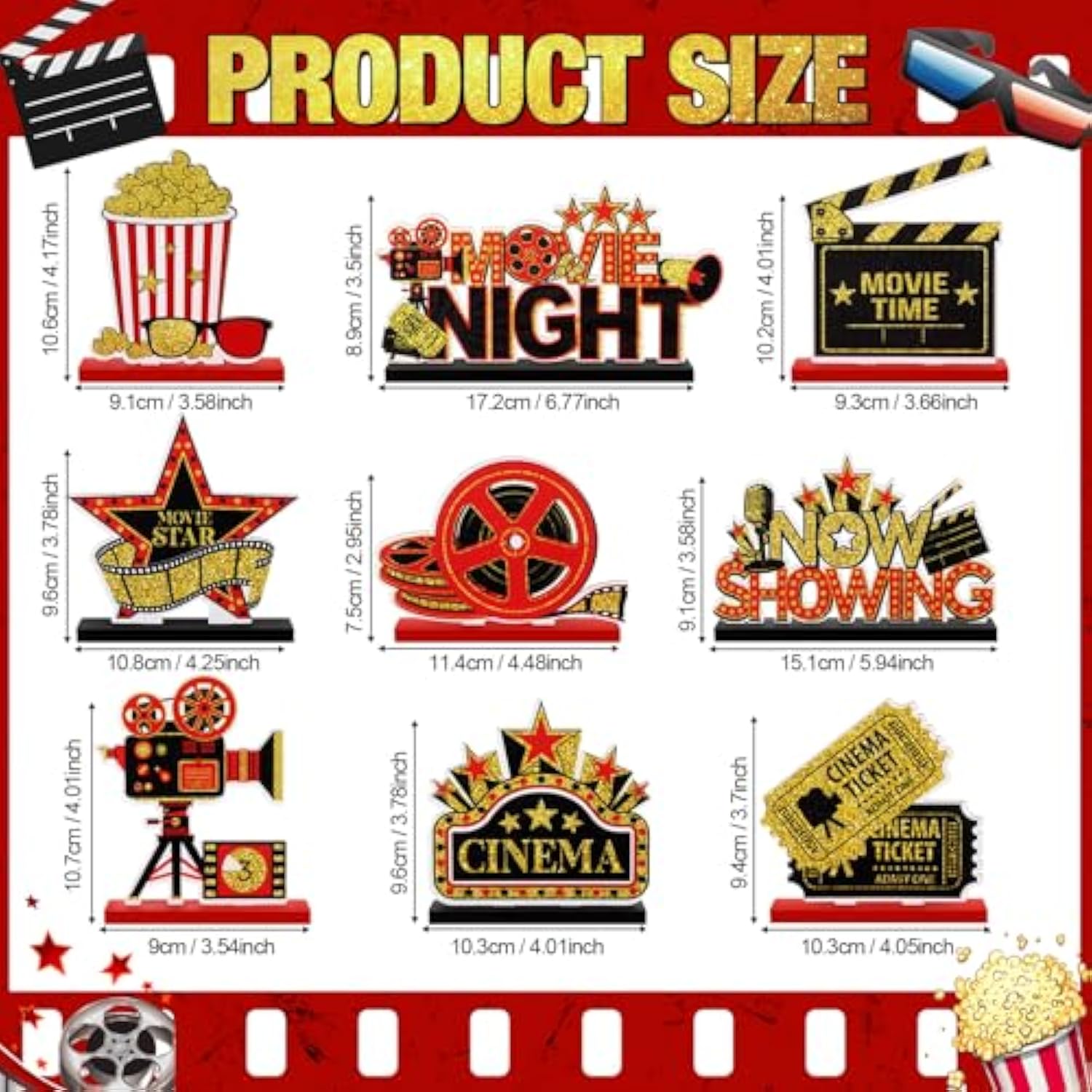 9 Pcs Movie Night Party Decorations Movie Theme Wooden Table Centerpieces Theater Now Showing Table Sign Cinema Popcorn Star Tabletop Decor For Home Film Birthday Party Supplies