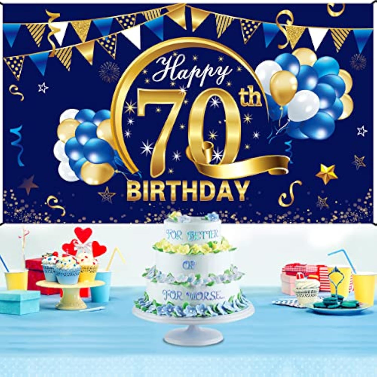 Blue Gold Happy 70th Birthday Banner Decorations & Backdrop Sign for Men's Party