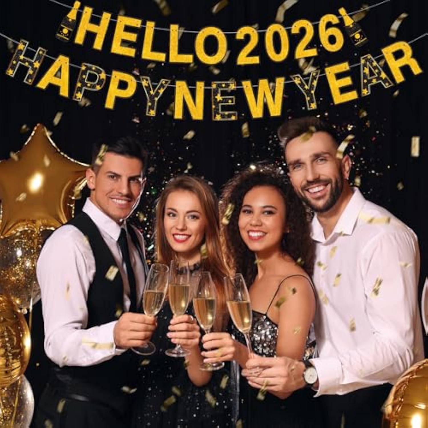 Black and Gold Happy New Year 2026 Banner with Hanging Swirls for Party Decor