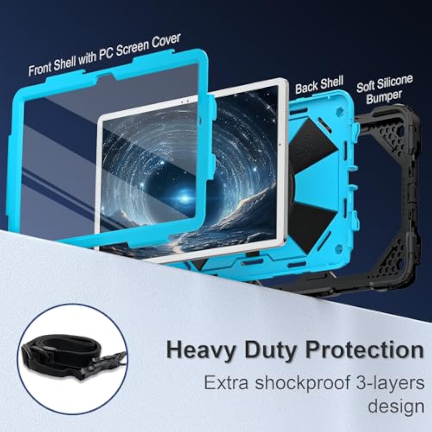 For Galaxy Tab A9 Plus Case 11 Inch, Rugged Case For Samsung Galaxy A9+ Tablet With Screen Protector 360 Rotating Stand Shoulder Strap Pen Holder, 2023 Model(Smx210/X216/218), Black Blue