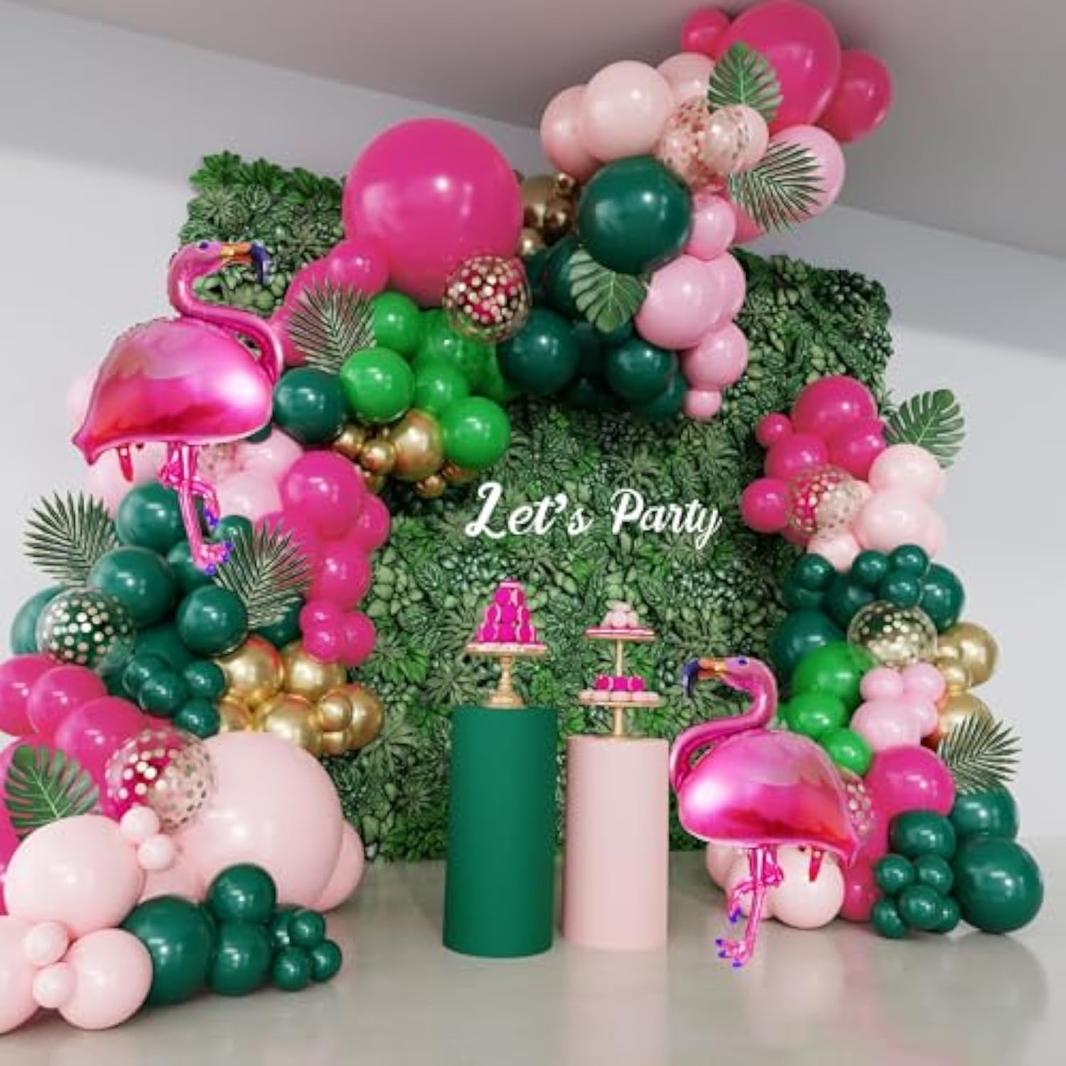 156Pcs Tropical Flamingo Balloon Arch Garland Kit, Hot Pink Dark Green Light Pink Gold Confetti Flamingo Foil Balloons With Palm Leaves For Hawaiian Luau Aloha Summer Beach Birthday Party Decorations