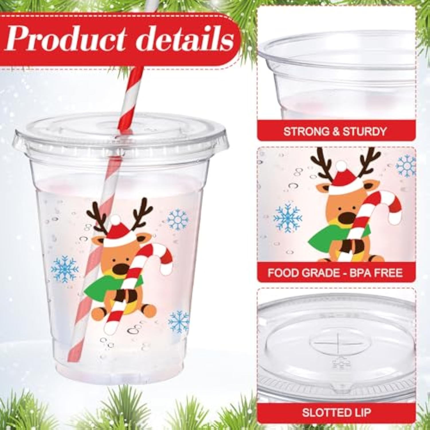 50 Sets Christmas Disposable Plastic Cups With Lids And Paper Straws 16 Oz Merry Christmas Clear Cold Beverage Drinking Cups For Xmas Holiday Party Supplies