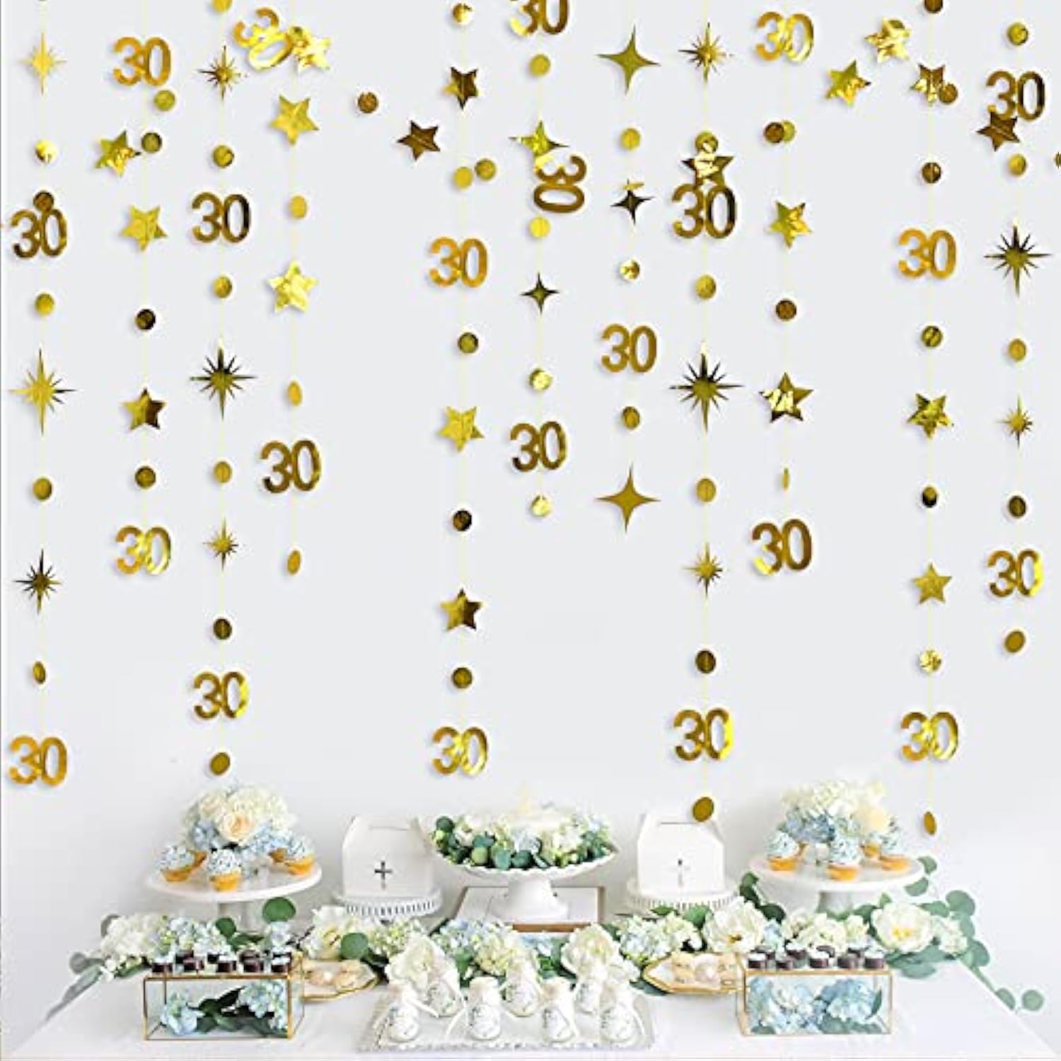 Gold 30Th Birthday Decorations Number 30 Circle Dot Twinkle Star Garland Metallic Hanging Streamer Bunting Banner Backdrop For Her Happy Dirty 30 Year Old Birthday Thirty Anniversary Party Supplies