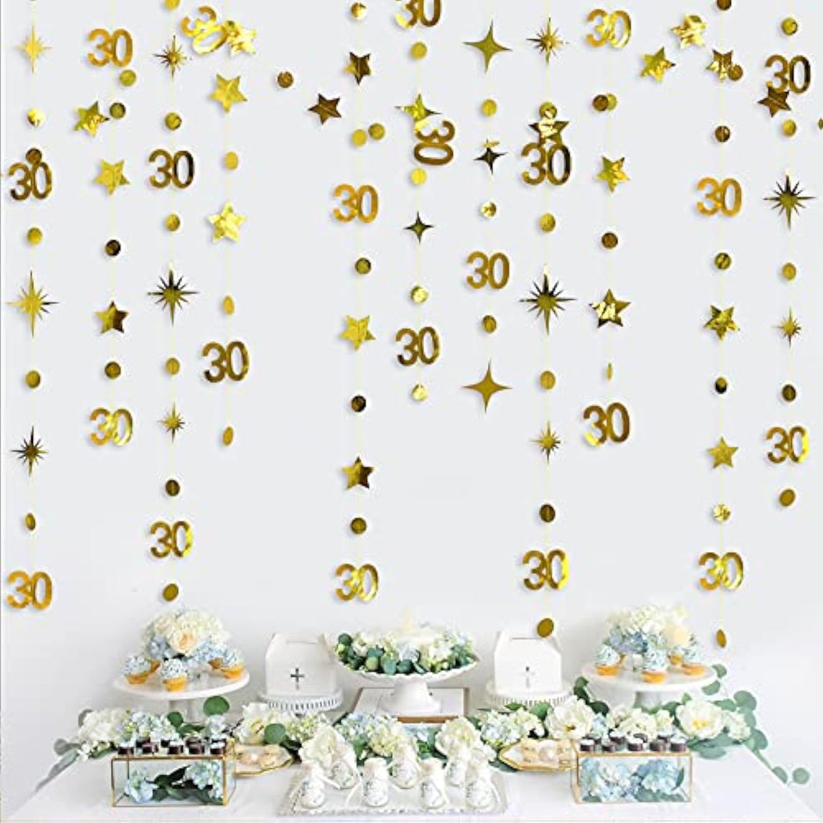 Gold 30Th Birthday Decorations Number 30 Circle Dot Twinkle Star Garland Metallic Hanging Streamer Bunting Banner Backdrop For Her Happy Dirty 30 Year Old Birthday Thirty Anniversary Party Supplies