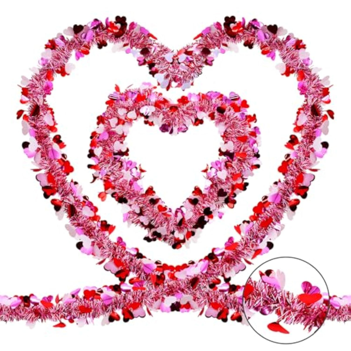4 Strings Total 26.4 Ft Valentines Tinsel Garlands - Each 6.6 Ft Metallic Fringe Garland With Hearts Hanging Glitter Streamers For Wedding, Engagement, Anniversaries, Romantic Love Decorations