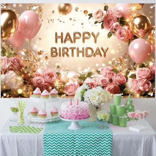 Birthday Backdrop Happy Birthday Backdrop for Women 71 x 43 Inch Polyester Birthday Party Wall Backdrop Photo Booth Background Banner for Woman Decorations