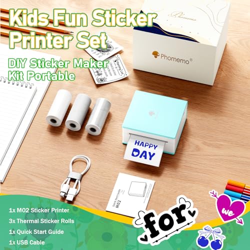 Mini Sticker Printer, Mini Printer Sticker Maker Machine M02, Print Pods Pocket Machine For Diy, Study Notes, Diaries, Thermal Small Portable Maker With Ai App For Home/Office/School, Cyan