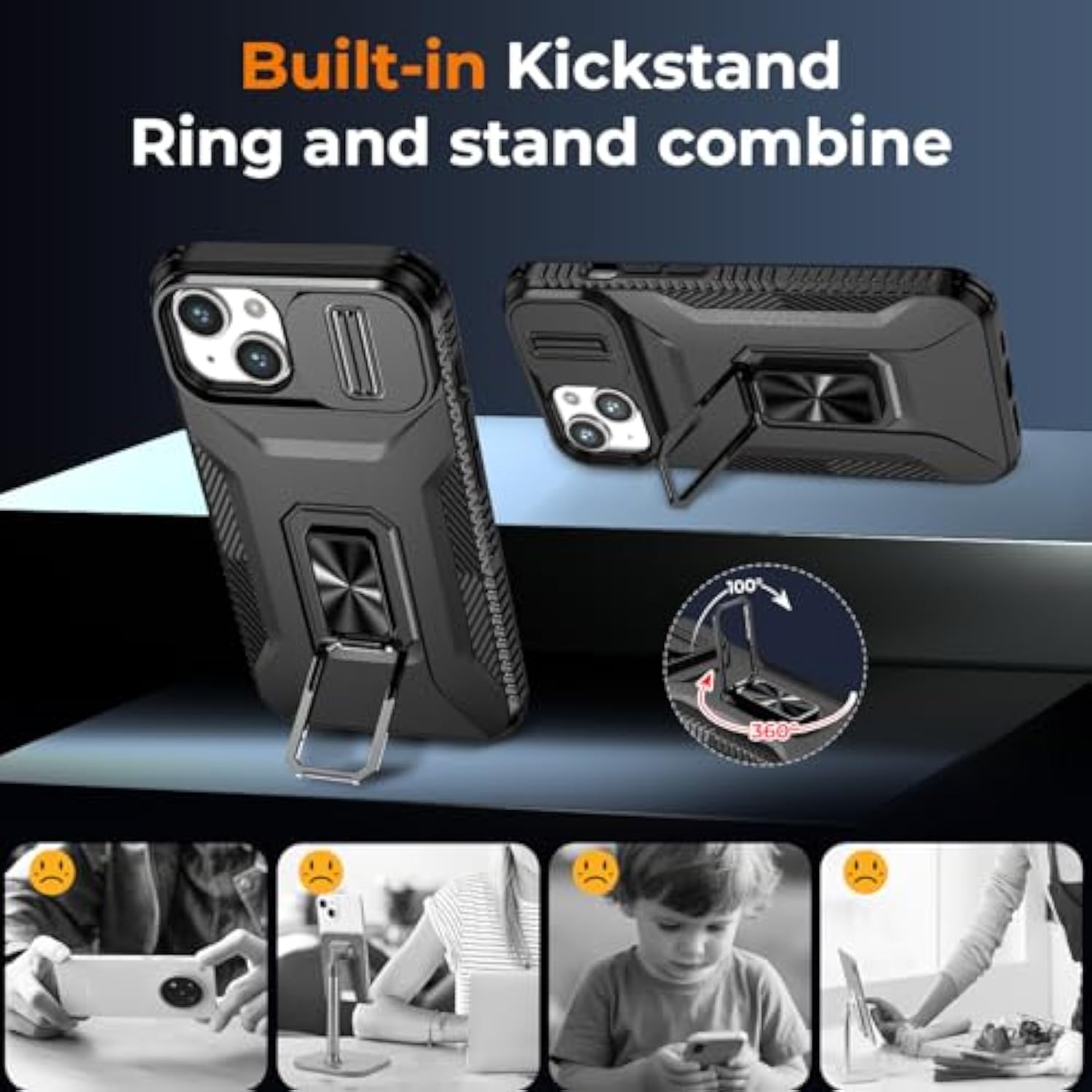 iPhone 13/14 6.1 Inch Case with Slide Lens Screen Protector Kickstand Black