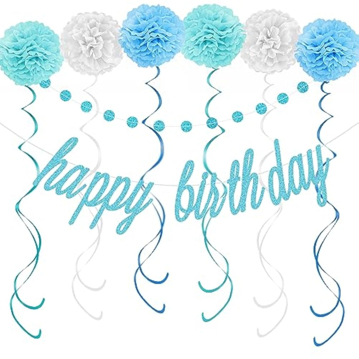 Blue Happy Birthday Decorations – Blue Happy Birthday Banner, Paper Pom Poms, Hanging Swirls And Glitter Circle Dots Garland For Birthday Party Decorations